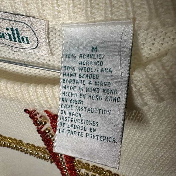 Vintage VTG 80s 90s Cream rainbow sequined Crew Neck Sweater Decorative Trim - Picture 3 of 5